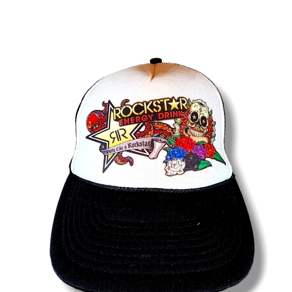 ROCKSTAR NISSUN BLACK & WHITE SNAPBACK TRUCKER CAP WITH SKULL & ROSES 1 SIZE - Picture 2 of 9